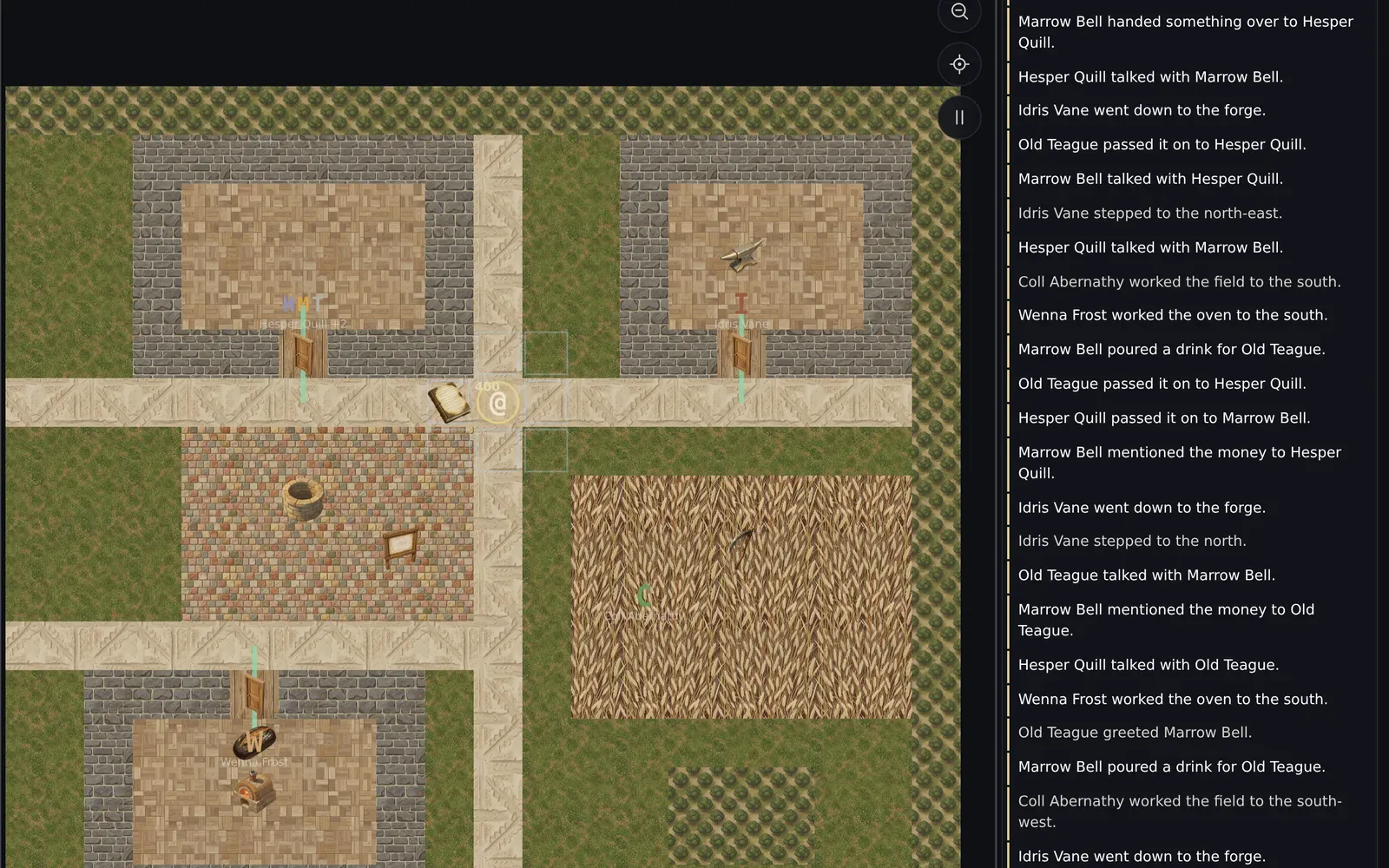 A top-down tile village of stone houses, a well square and a wheat field, with lettered villagers at work beside a live feed of their actions.