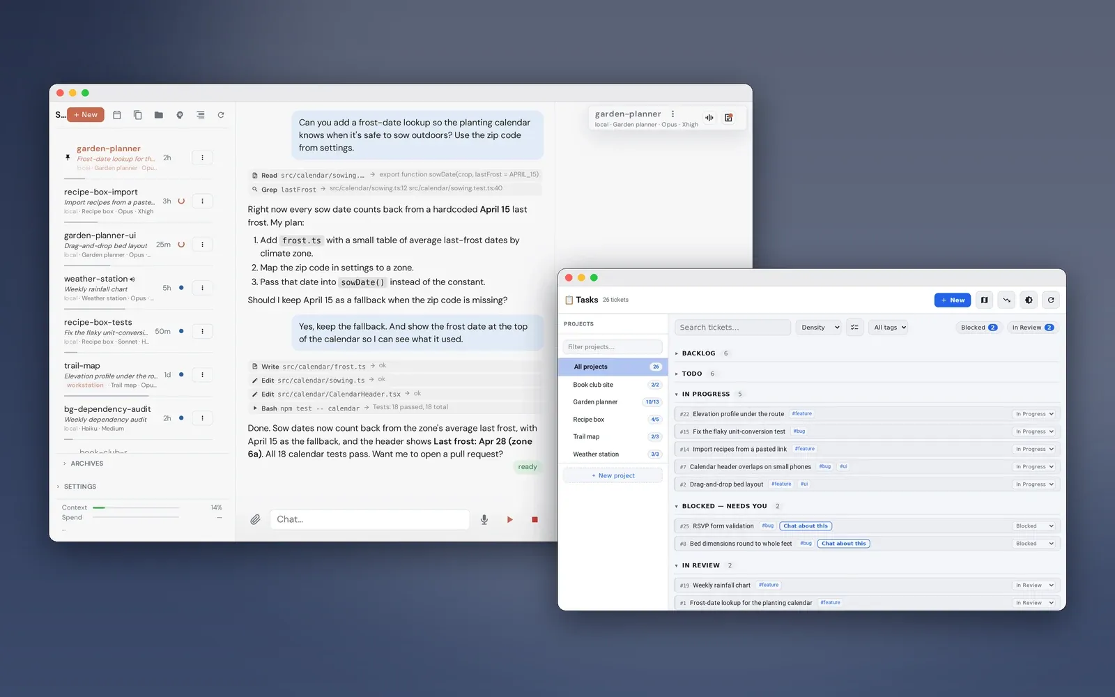 An agent session list and a chat where an agent plans and builds a garden app feature, overlapped by a task board grouped by status.