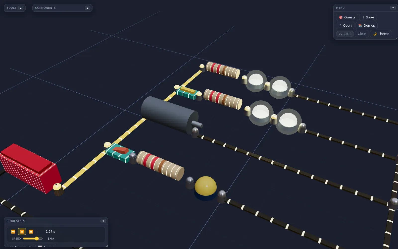A chunky 3D toy circuit on a dark grid: a red battery, striped resistors, switches, a gray motor and glowing lights, with one unlit branch.