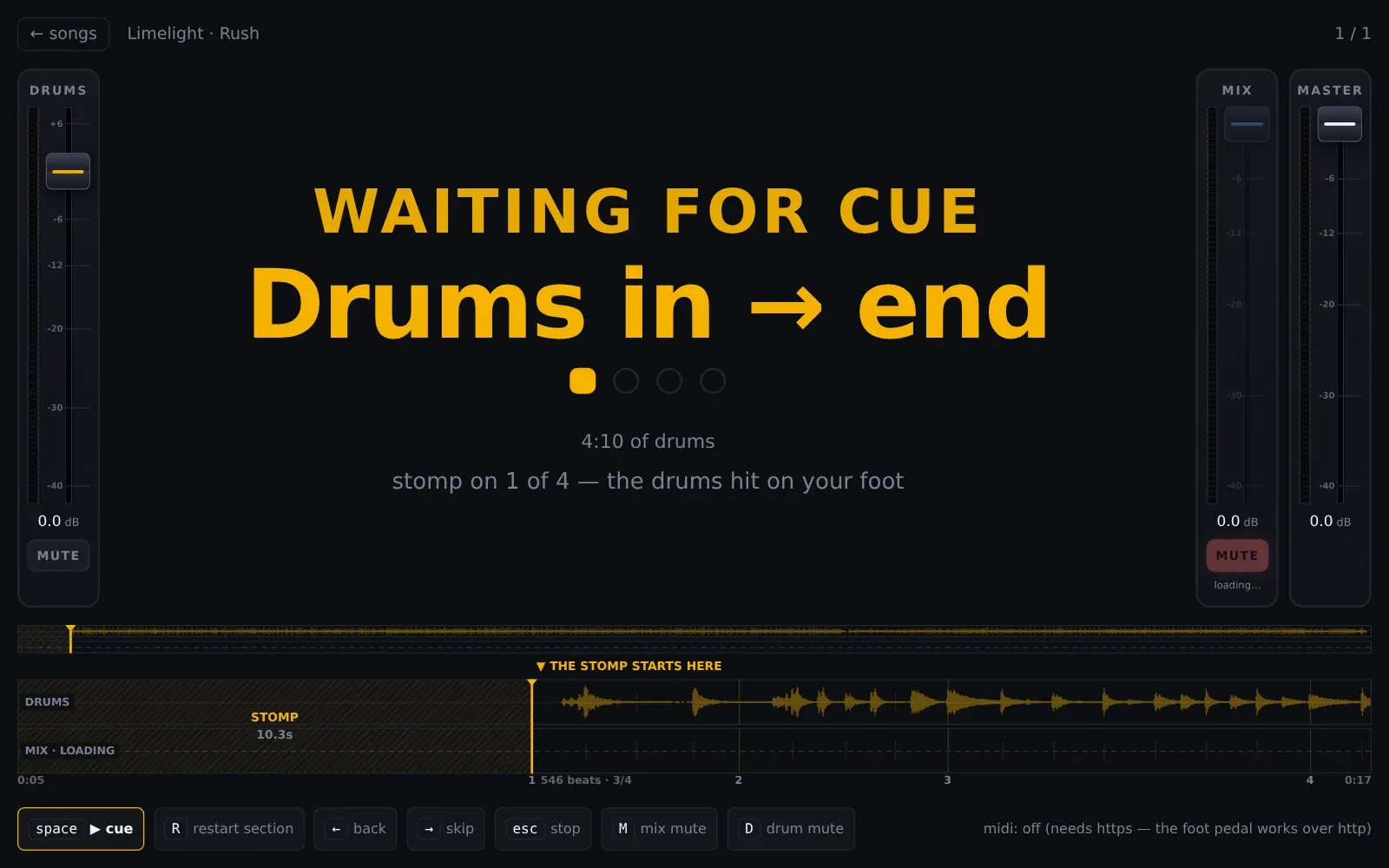Jam waiting at a section break for the stomp cue, above the song’s drum waveform and the mixer faders.