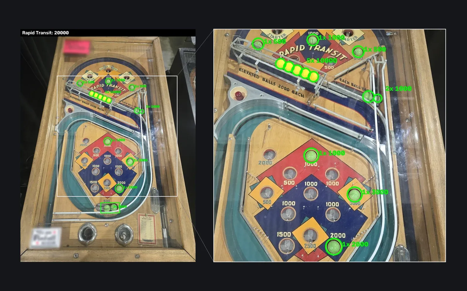 A 1935 Rapid Transit pinball board with green rings and point labels on every ball found, totaling 20,000, beside a close-up of the scored pockets.