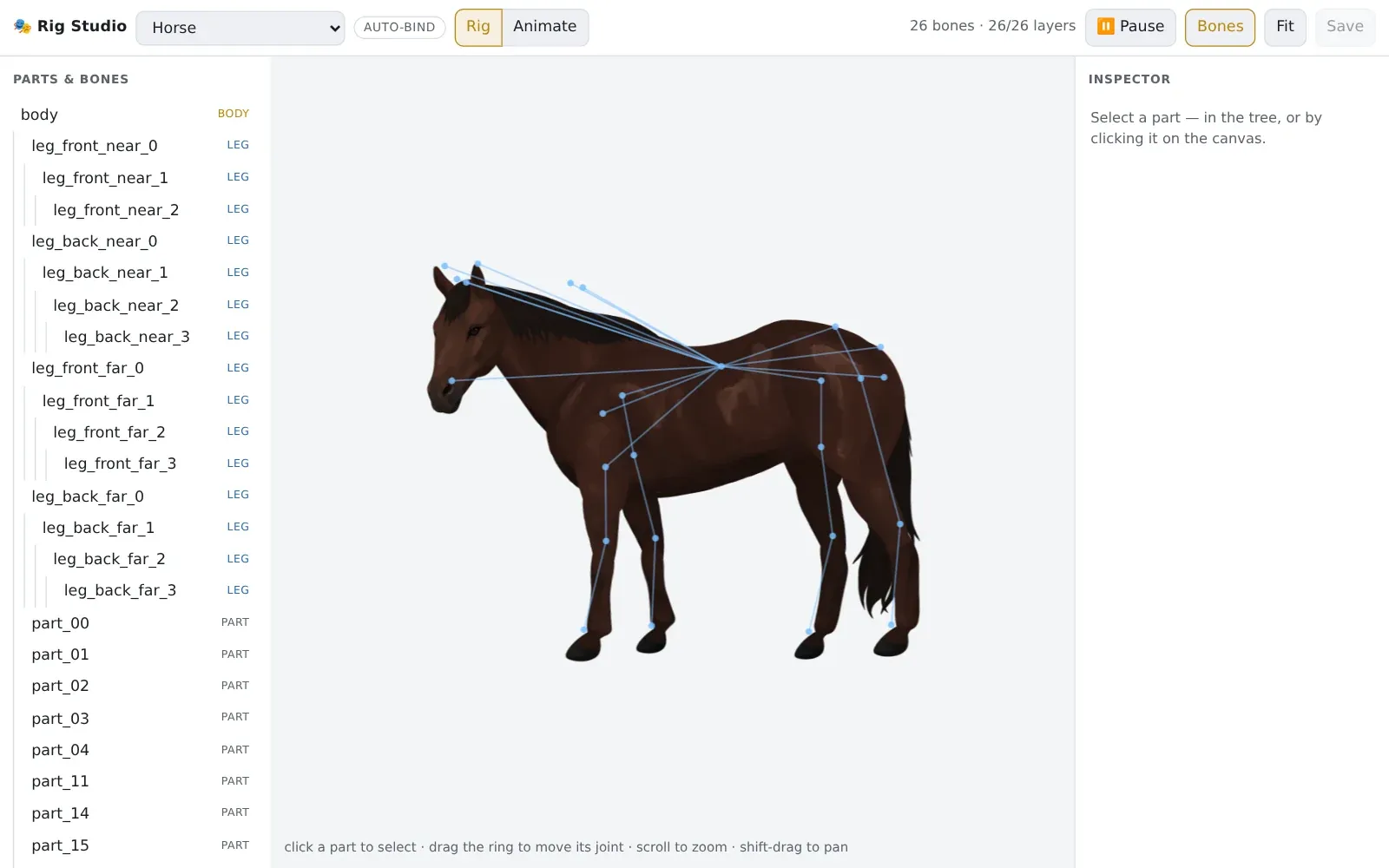 A horse drawing rigged with bones from shoulder to hoof, beside the tree of its parts and bones.