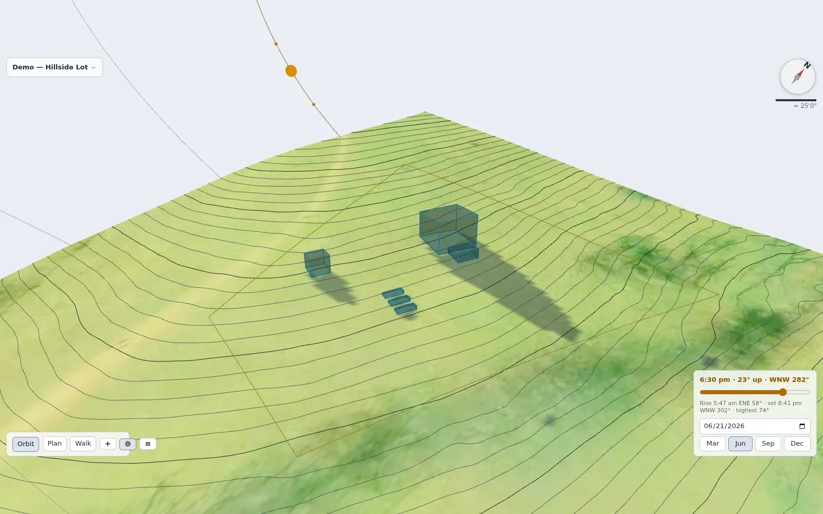 A hillside lot on contoured aerial terrain, with a planned cabin, deck, shed and garden beds casting evening shadows.