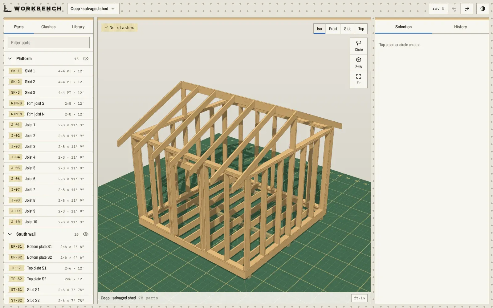 A timber-framed shed modeled stud by stud in a 3D view, beside its list of parts and lumber sizes.